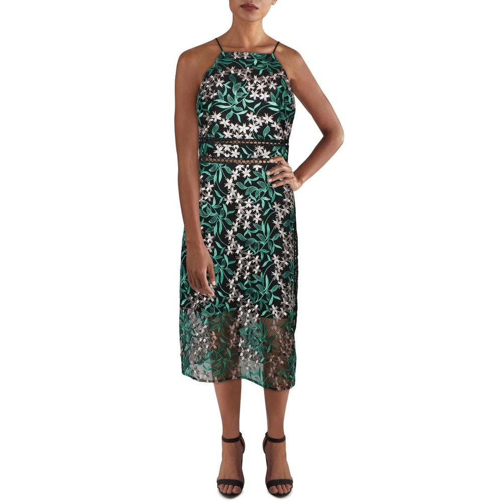 ML Monique Lhuillier Womens Black Embroidered Floral Party Midi Dress NWT
